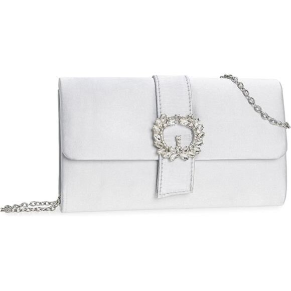 Womens Bag Diamantes Embellished Satin Clutch White - Picture 1 of 6